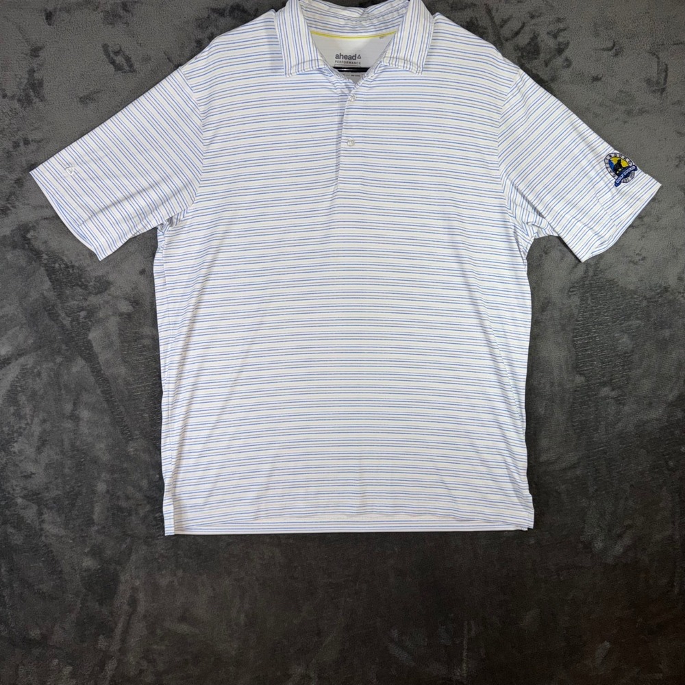 Mens Medium Ahead Performance Polo Shirt Blue White Excellent Gatlinburg Golf